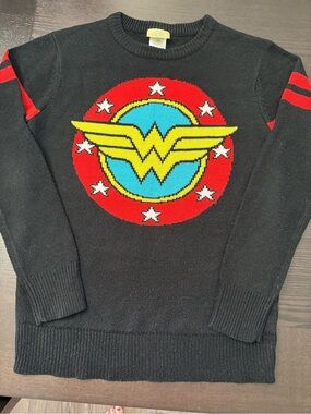 DC Wonder Woman Black Knit Sweater with Gold Label Accent